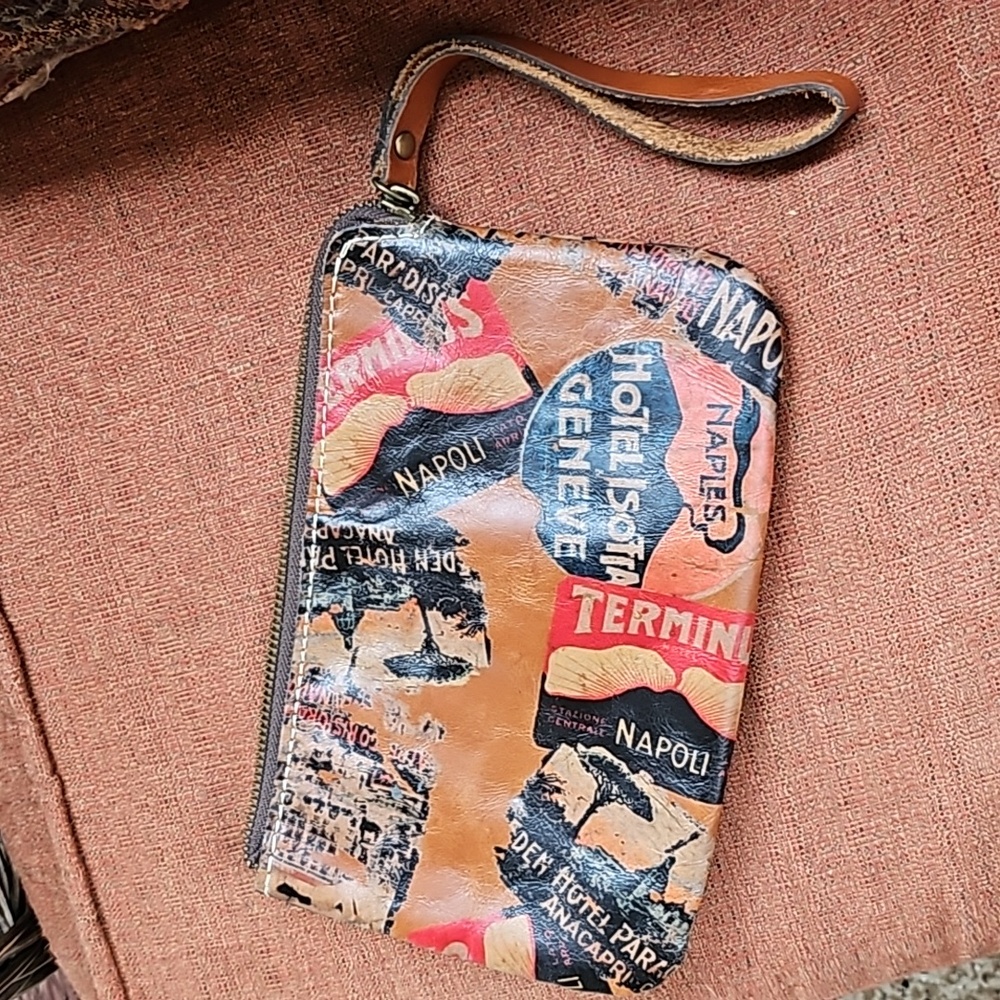 Gorgeous PATRICIA NASH leather travel sticker designed zippered clutch purse